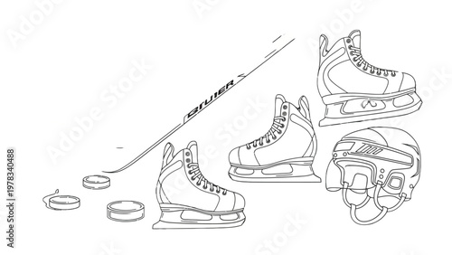 Hockey Essentials: A detailed illustration showcases the essential elements of hockey, including skates, pucks, a helmet, and a hockey stick. A must-have for sports enthusiasts!