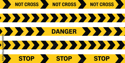 Police caution tape vector set, black and yellow warning stripe border seamless tapes for danger crime scene and construction safety design elements.