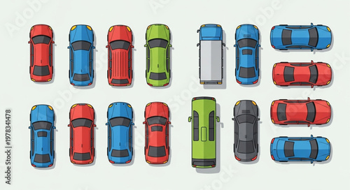 Collection of colorful cars seen from a top down view.