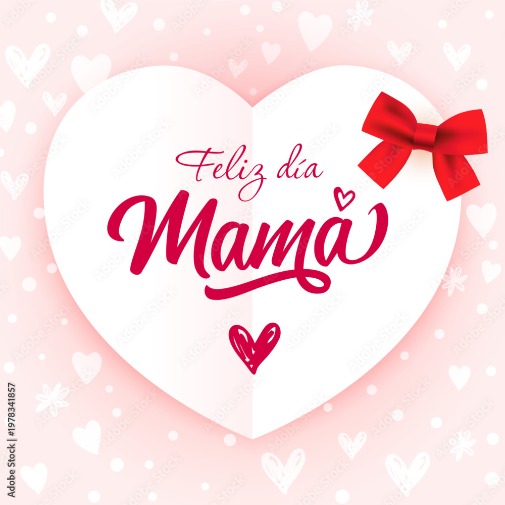Obraz premium Happy Mother's Day Spanish greeting card design. Social media story. Square pink background, 3D paper heart, decorative red bow.
