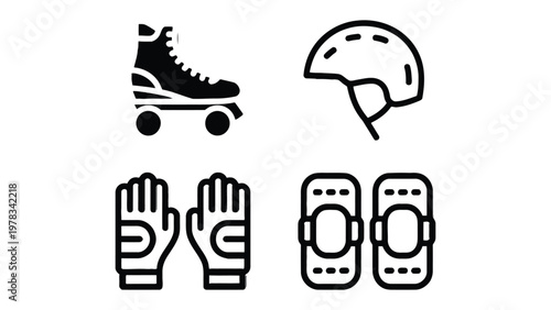 Roller Skating Gear: Iconic symbols of roller skating equipment, including roller skate, helmet, glove, knee pad, gear set and safety equipment are represented in this eye-catching graphic.