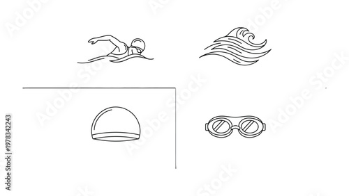 Swimming Icon Set: A collection of simple swimming icons including a swimmer, waves, swim cap and goggles. Representing aquatic sports and recreation.