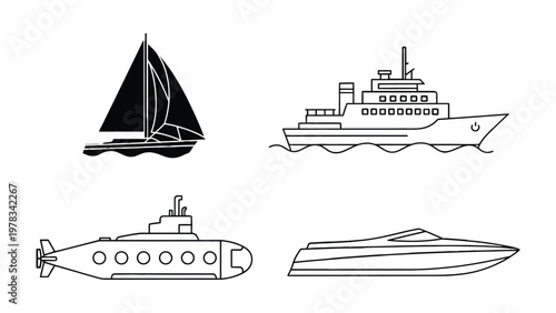Tablou pe pânză Naval Transportation Illustration: A monochrome image showcases a diverse array of watercraft, each elegantly illustrated with clean lines and distinct features