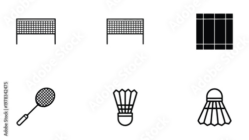 Badminton essentials: An illustrative display of badminton equipment, from the court and net to the racket and shuttlecock, rendered in a simple yet effective design. 