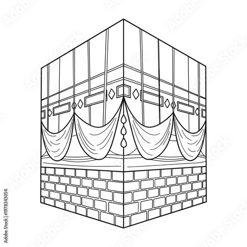 Black and white line of the kaaba with detailed architectural architecture islam religion mecca