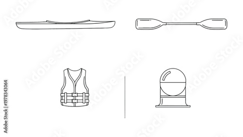 Essentials for Kayaking Adventure: A top-down illustration presents the key elements of a kayaking journey, including a kayak, paddle, life jacket.