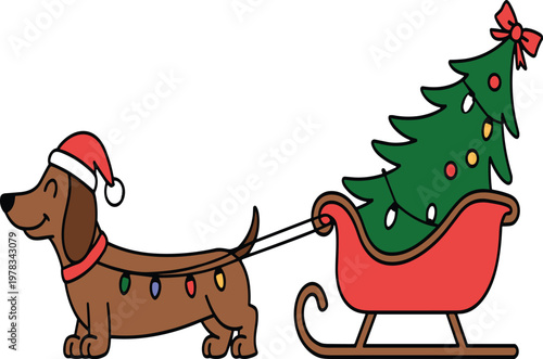 Brown dachshund dog in santa hat pulling christmas tree in sleigh vector illustration EPS PNG file