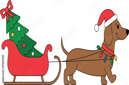Brown dachshund dog pulling a red sleigh with a christmas tree vector illustration EPS PNG file