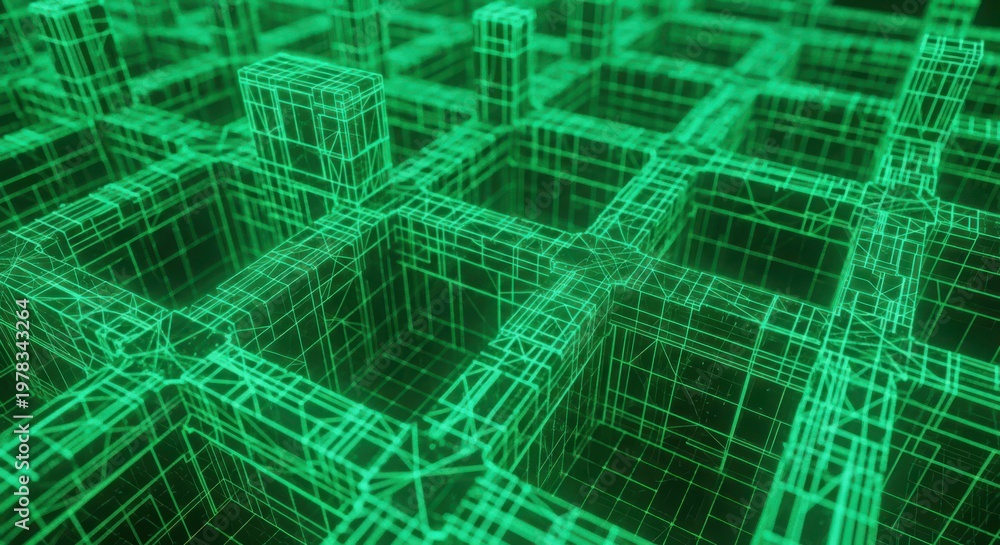 Fototapeta premium Abstract green wireframe grid structure with glowing digital lines in dark space