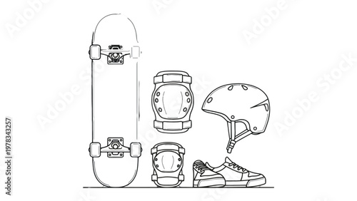 Skateboard Gear Set: A detailed illustration of essential skateboarding equipment, featuring a skateboard, helmet, knee pad and shoes.