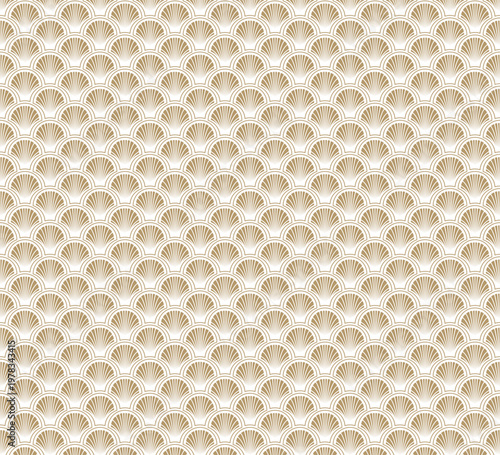 Art & IllusSeashell pattern, marine conch repeating vector background. Bivalve mollusk cockleshell, oceanic sea shell seamless textile pattern. Scallop gold white fabric, beach symbol. Minimalitration