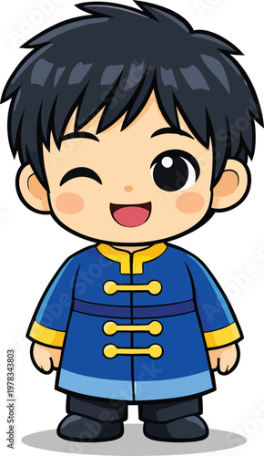 Playful Character in Traditional Attire: A charming character, dressed in classic attire, offers a cheerful wink and a warm smile, ready to brighten any visual narrative.