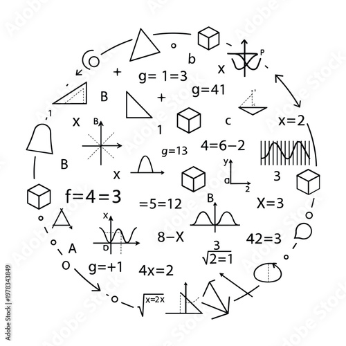 Hand-drawn educational diagram with mathematical equations and geometric shapes in black and white mathematics