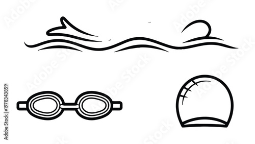 Swimming Illustration Essentials: Minimalist illustration of a swimmer in motion, accompanied by swimming goggles and a swim cap, perfect for a splash of aquatic charm.