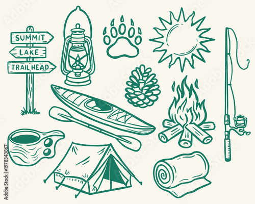 Hand-Drawn Outdoor Adventure Camping Icons Set