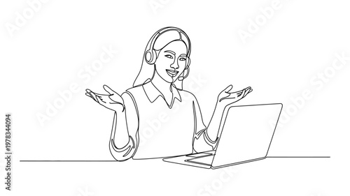 woman sitting at desk with laptop. Continuous line style. Hand drawn. Line art. Vector design. illustration