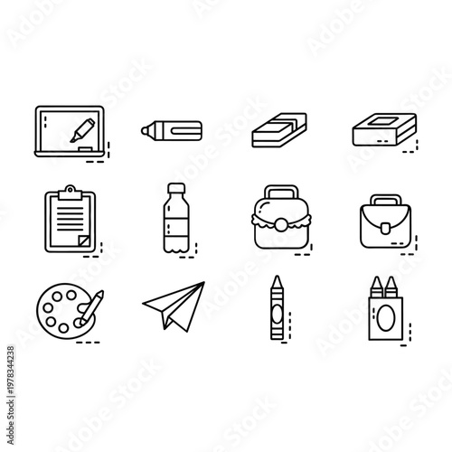 Black and white of school supplies and including tablet computer pencil box crayons paper airplane eraser