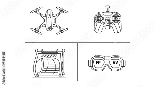 Drone Components: An overview of the main components of a drone, including a quadcopter, remote control, racing gate, and first-person view (FPV) goggles.