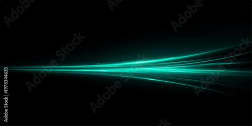 Abstract of modern teal light streaks against a stark black backdrop. Illustrating the cutting-edge modernity, technology, energy, and digital network.