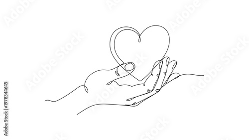 Continuous line drawing of heart in hands. Continuous line style. Hand drawn. Line art. Vector design. illustration