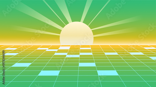 Retro 80s Synthwave Background with Sunburst and Neon Perspective Grid