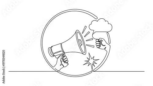 A hand holding a megaphone with another hand making a stop gesture. Continuous line style. Hand drawn. Line art. Vector design. illustration