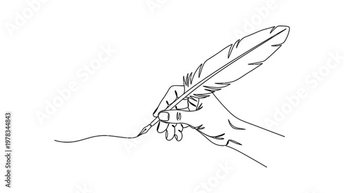 A hand holding a quill pen. Continuous line style. Hand drawn. Line art. Vector design. illustration