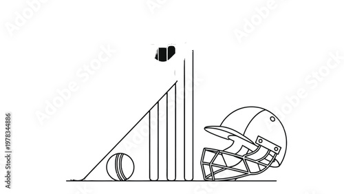 Cricket essentials graphic: A clean, minimalistic graphic showcasing the core elements of cricket, highlighting the ball, wicket, helmet, and bat, ready for action