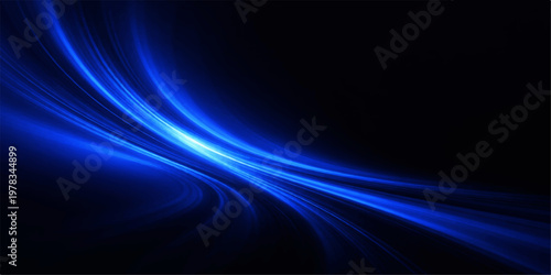 Abstract dynamic blue light trails, swirling gracefully against a dark backdrop, creating an captivating sense of motion, energy, and digital fluidity.