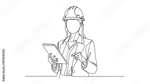 A female engineer with a tablet. Continuous line style. Hand drawn. Line art. Vector design. illustration