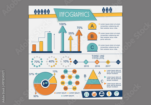 Editable Business Infographic Template with Colorful Timeline, Pyramid Chart, Doughnut Diagram and Data Visualization Icons.