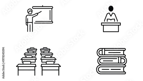 Academic Icons Set: A collection of meticulously crafted, clean line icons capturing the essence of education, encompassing a range of academic activities and study environments.