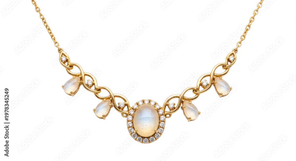 Fototapeta premium Elegant gold necklace with a central oval moonstone surrounded by diamonds and accented with pearshaped moonstones, isolated on transparent background