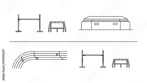 Athletic Field Diagram: A concise black-and-white diagram detailing the layout of an athletic field, including track lanes and jump obstacle.