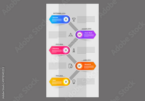 Editable Zigzag Timeline Infographic with Colorful 5 Monthly Project Milestones and Business Process Icons.