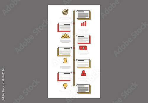 Editable Business Timeline Infographic Template with 7 Alternating Steps and Project Management Icons.