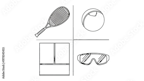 Tennis Gear Essentials: Illustrated Tennis equipment displayed, capturing the core elements of the sport. The image showcases a racket, ball, court and eye protection.
