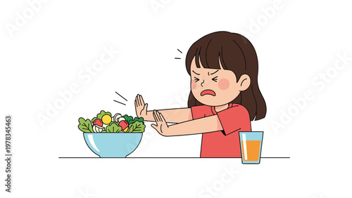 Young girl makes a refusal gesture towards a bowl of fresh vegetable salad indicating a dislike for healthy food or being a picky eater.