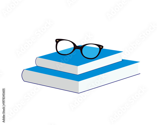 Stack of Blue Books with Black-framed Glasses on Top Against a White Background