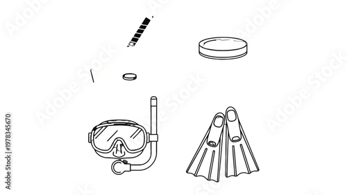 Essential Diving Gear: A clear line drawing of essential diving equipment: A detailed illustration showcasing the must-have tools for underwater exploration.