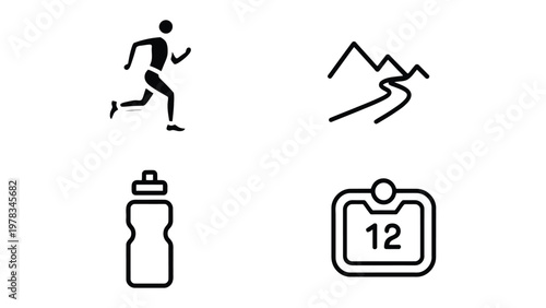Runner's Gear Icons: A collection of simple, stylized icons representing essential elements for a runner, encompassing the spirit of running. 