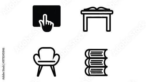 Digital Reading Icon Set: A collection of simple, elegant icons representing the digital age of reading, ideal for educational or tech-related projects. 