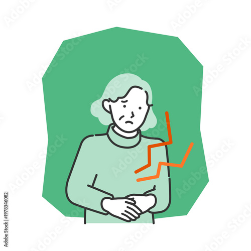 Senior woman holding stomach with abdominal pain for digestive system disease diagnosis food poisoning treatment and gastrointestinal health visualization for medical checkup promotion