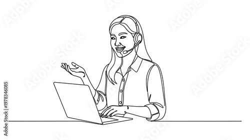 woman sitting at a desk with laptop. Continuous line style. Hand drawn. Line art. Vector design. illustration