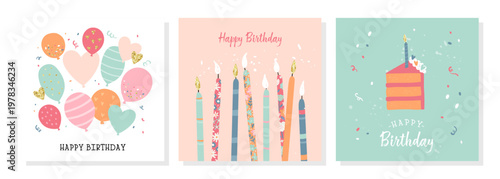 Set of lovely hand drawn birthday cards with balloons and decoration, universal artistic templates
