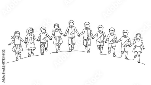Diverse group of children holding hands. Continuous line style. Hand drawn. Line art. Vector design. illustration