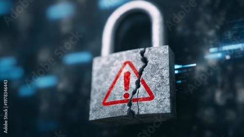 Broken padlock with warning sign on digital background. Cyber security breach illustration. Hacking attempt and data theft concept. Information technology risk and system failure analysis.