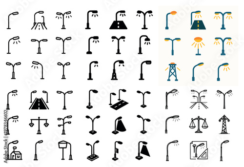 Urban icons with lamp post road minimal