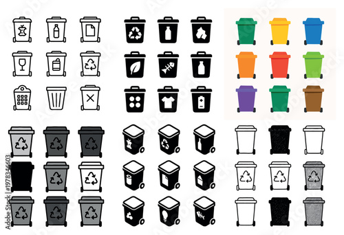 Waste icons with bin wheel recycle flat