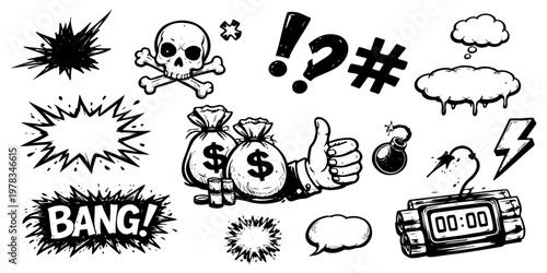 Hand drawn comic style doodle elements set. Black and white sketch collection with skull, money bags, bomb, dynamite, thumbs up, and speech bubbles isolated. Vector illustration.